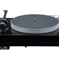 Music Hall MMF-9.3 Piano Black Rear Photo. Shows the platter, back of the tonearm, and belt.
