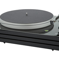 Music Hall MMF-9.3 Piano Black Isolated motor, tonearm  with Goldring Eroica MC cartridge, platter, belt, and triple plinth construction shown.