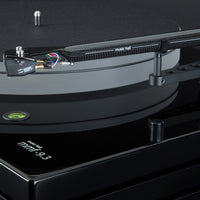 Music Hall MMF-9.3 Piano Black Tonearm  with Goldring Eroica MC cartridge, platter, belt, and triple plinth construction shown.