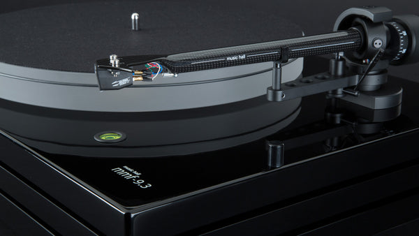 Music Hall MMF-9.3 Piano Black Tonearm  with Goldring Eroica MC cartridge, platter, belt, and triple plinth construction shown.