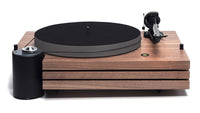 Music Hall MMF-9.3 Walnut. Front photo. Picture includes the isolated motor, platter, belt, tonearm with Goldring Eroica MC cartridge.
